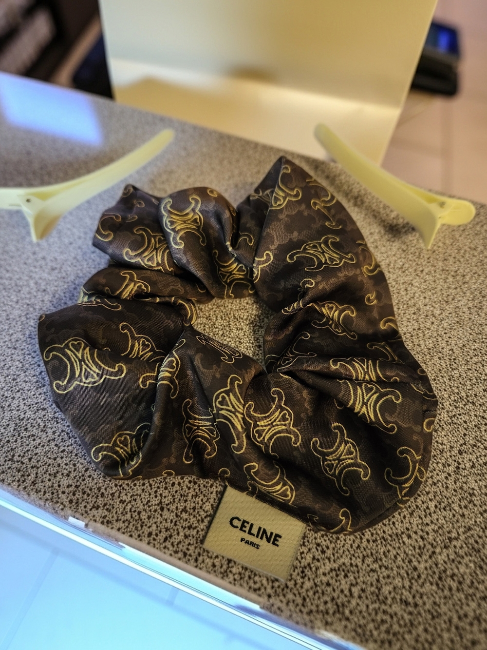 Celine Gray & Yellow Logo Silk Scrunchie 2 Hair Clips